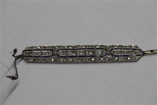 A 1930s/1940s pierced platinum?, synthetic sapphire and diamond set bracelet (a.f.),